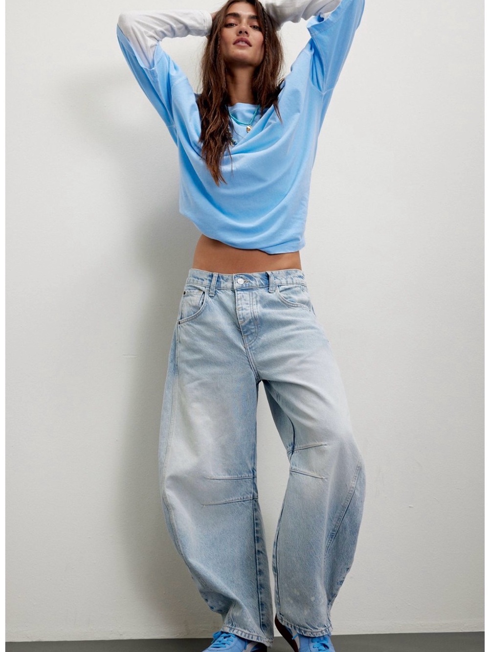 Free People Good Luck Mid-rise Barrel Jeans in Aegean,, NWOT